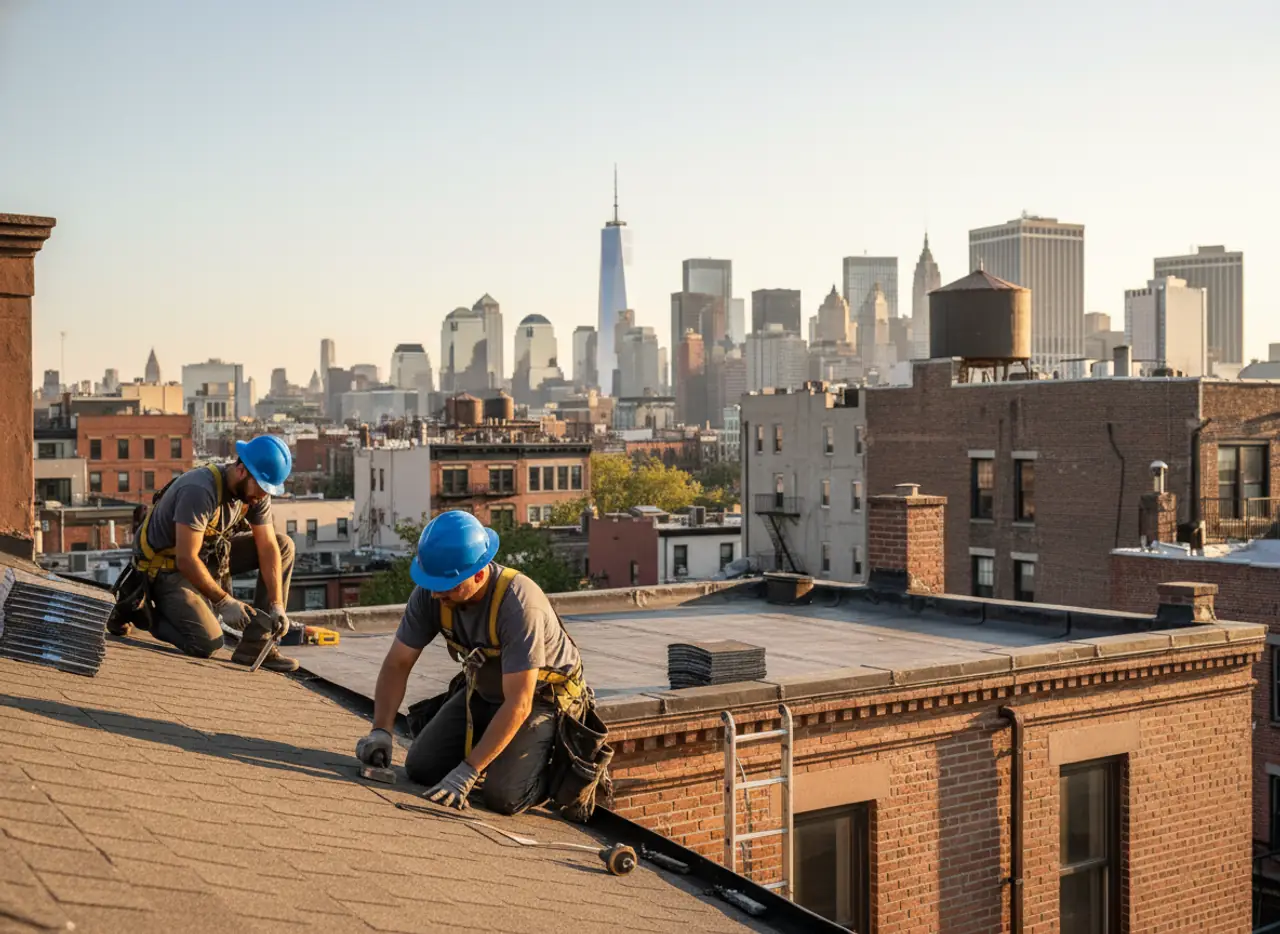 TipTop Roofing team members working on a roof repair project with the Brooklyn skyline in the background