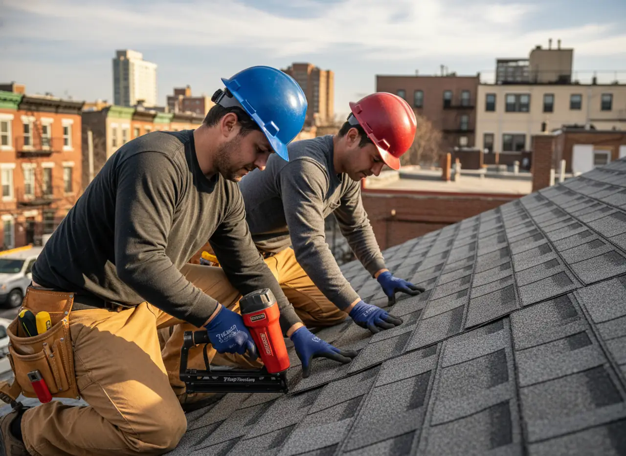 A skilled roofer from TipTop Roofing Williamsburg thoroughly installing new shingles on a...