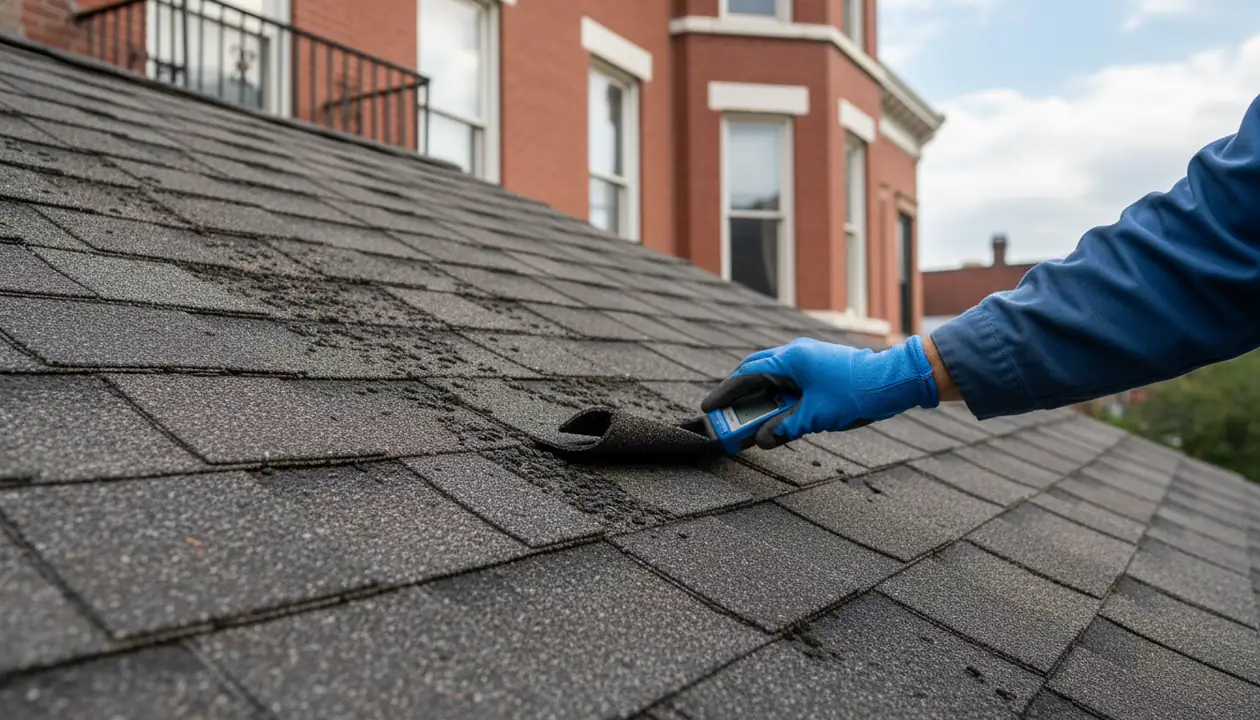 Close-up of residential asphalt shingles showing signs of curling and granule loss, common roof...