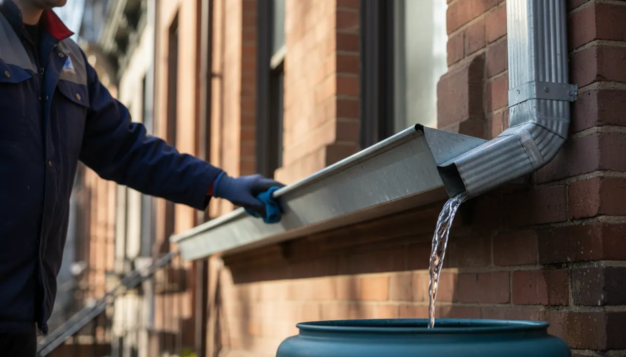 A close-up view of clean gutters with a downspout, illustrating proper gutter maintenance.