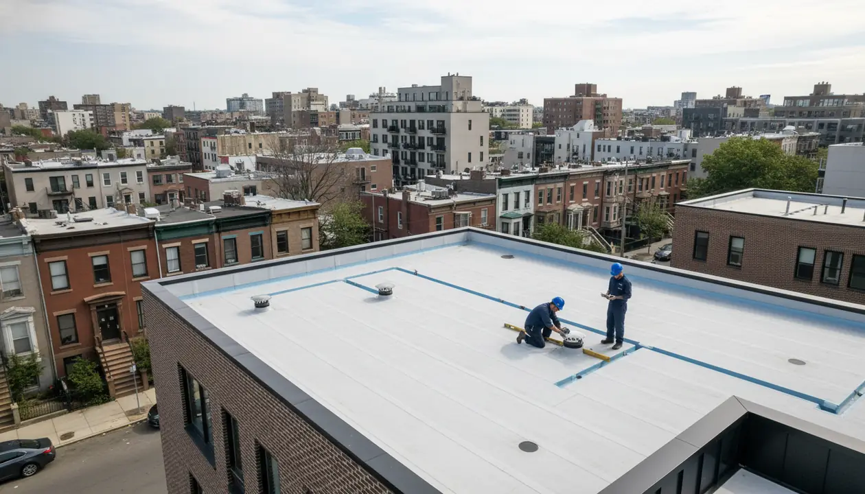 An aerial view showing a neatly installed flat roof on a modern residential building...