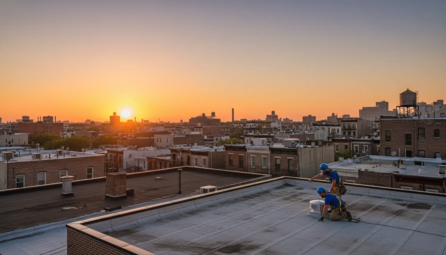 Sunset view over a Brooklyn neighborhood with well-maintained rooftops