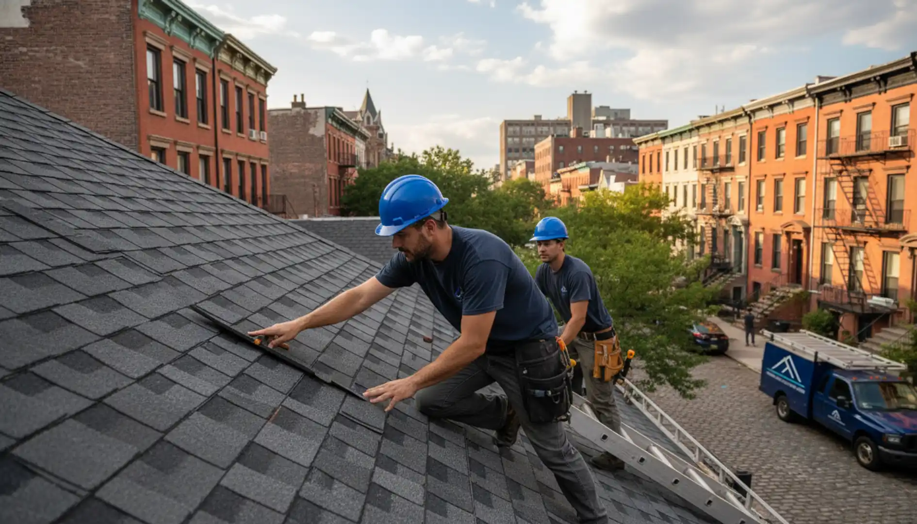 Roofing contractors inspecting a residential roof in Williamsburg, Brooklyn
