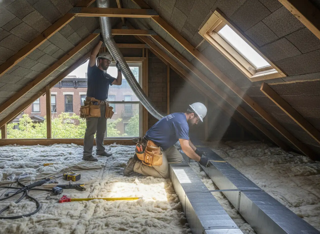 Attic space in Bedford-Stuyvesant with new ventilation ducts and insulation, showing improved...