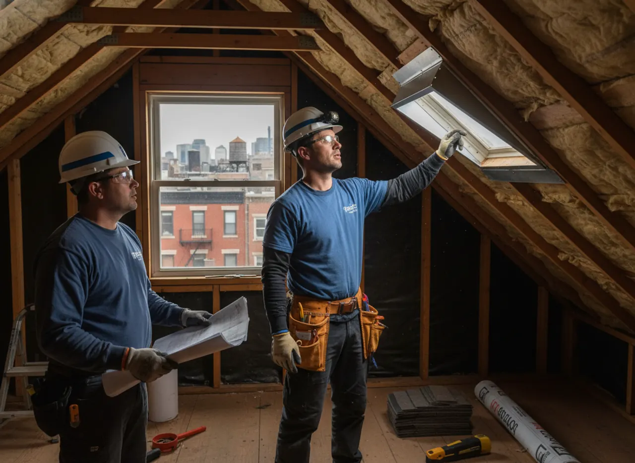 Technician inspecting an attic space, checking for proper ventilation