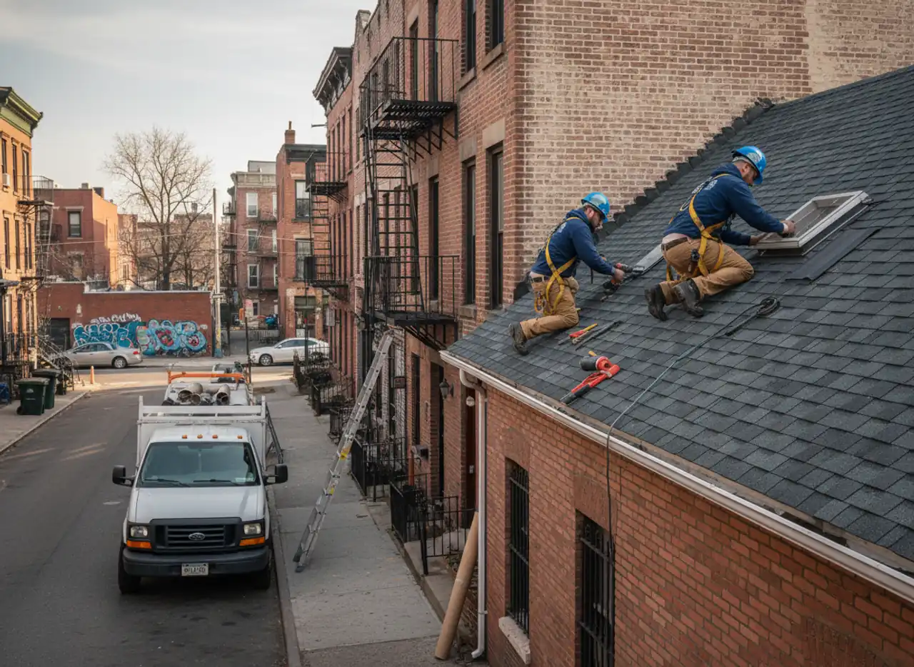 A TipTop Roofing Williamsburg truck at a Bushwick home, with our team performing attic venting work on the roof.