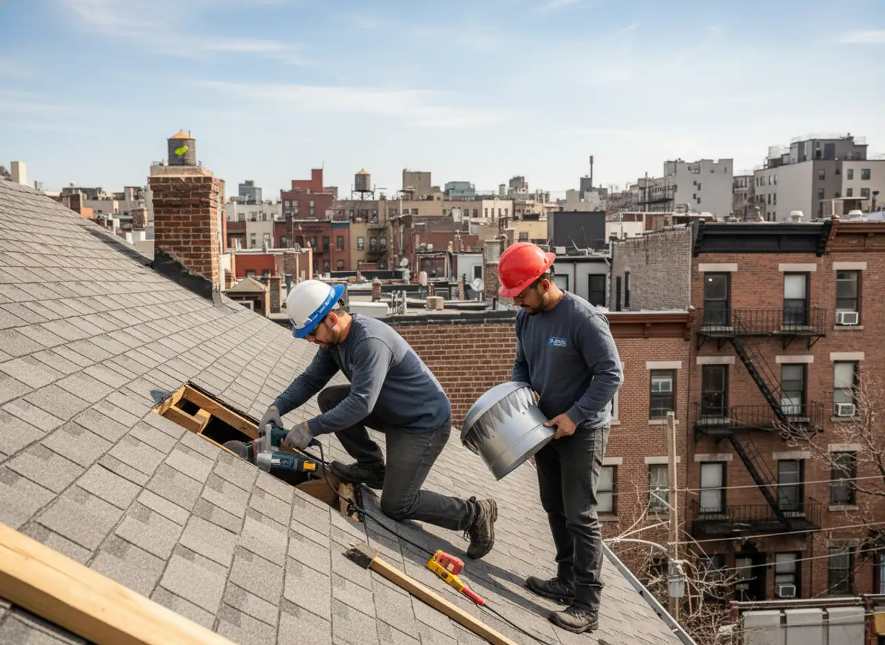 Roofing contractors installing attic vents on a residential roof in East Williamsburg.