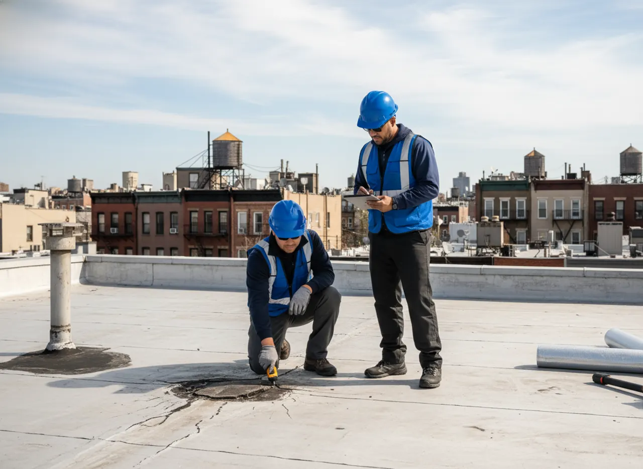 Our roofers inspect a large flat roof in Bedford-Stuyvesant, assessing it for repair or replacement.
