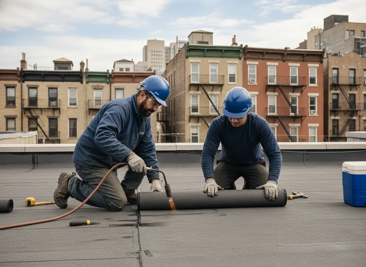 Team of roofers installing a new flat roof membrane on a residential building in a Brooklyn...