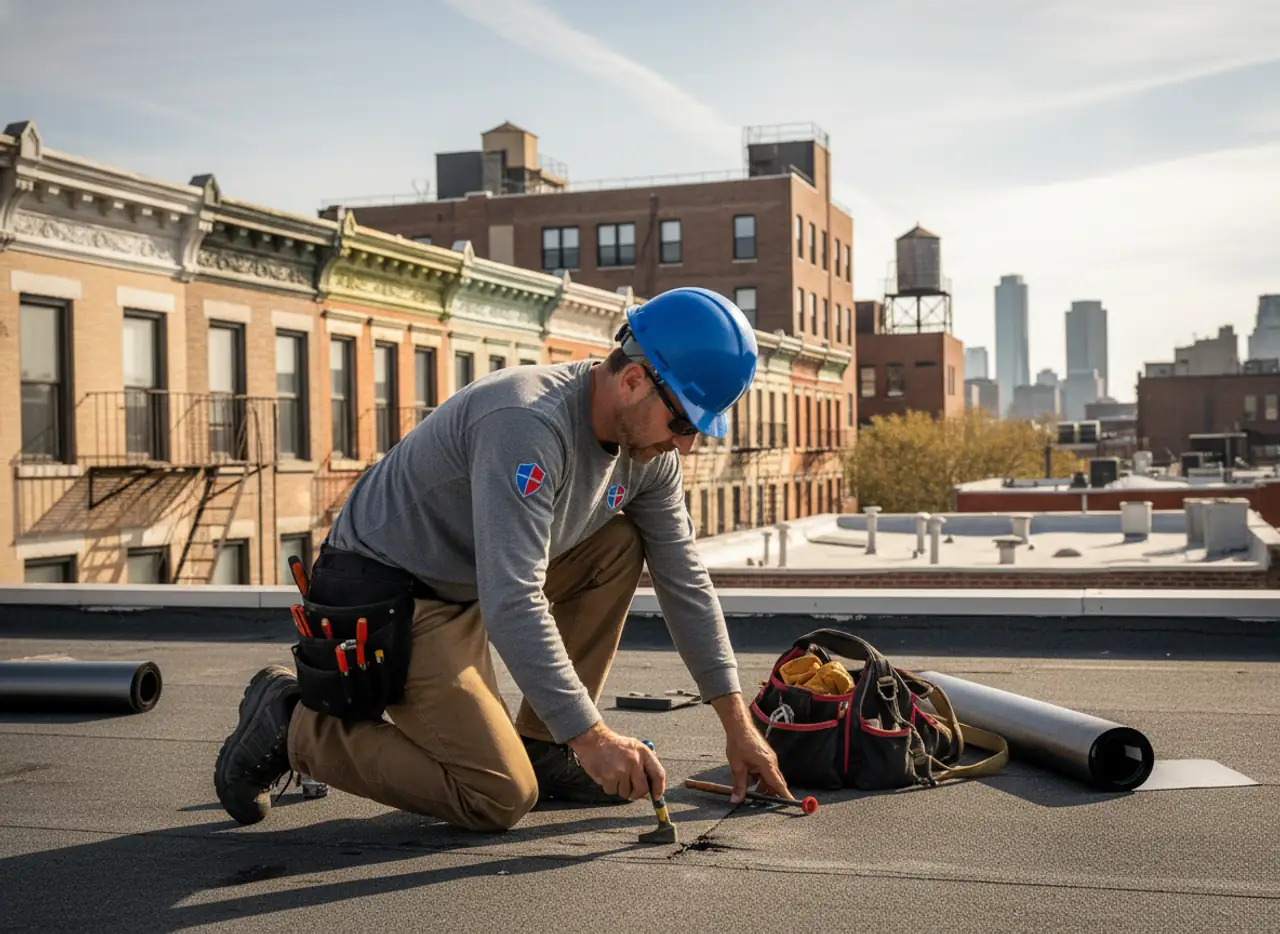 Experienced roofing technician inspecting a flat roof on a Bushwick brownstone for signs of wear...