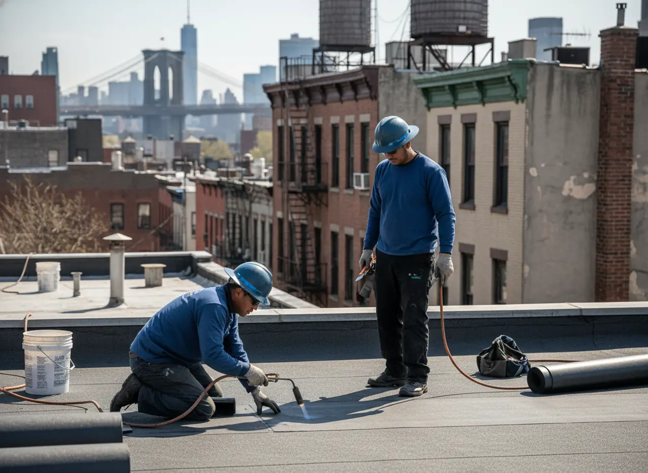 Roofers applying a new flat roof membrane to a residential building in the East Williamsburg...