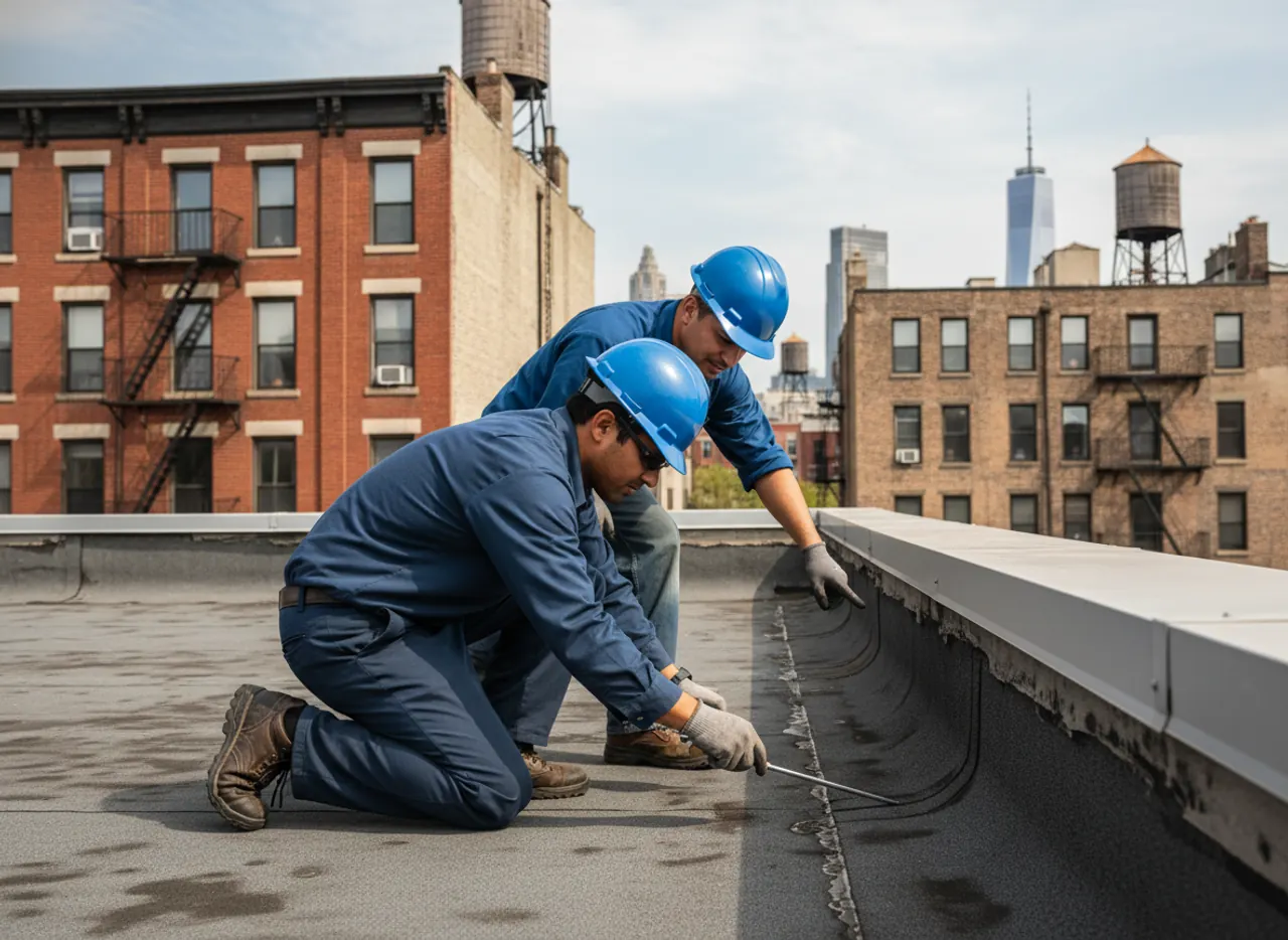 Roofers inspecting a flat roof surface on a commercial building in Greenpoint, ensuring quality...