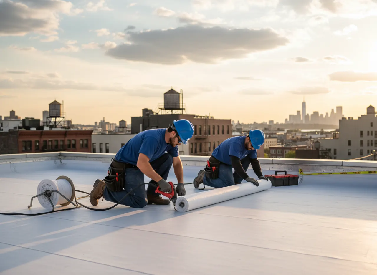Skilled roofers installing TPO flat roofing on a commercial building in Williamsburg, ensuring a watertight seal.