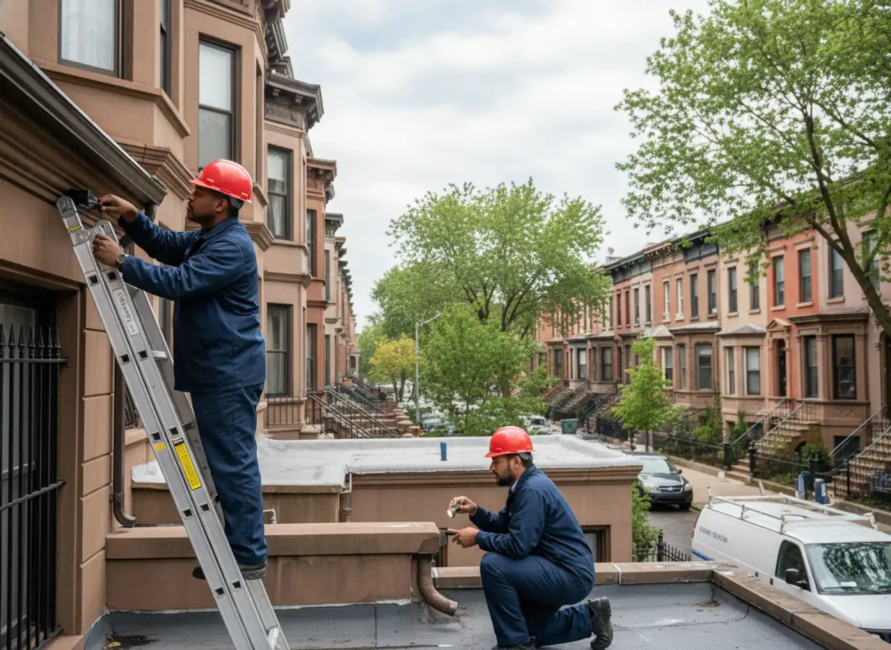 TipTop Roofing team inspecting gutters on a residential building in Bedford-Stuyvesant for repair.