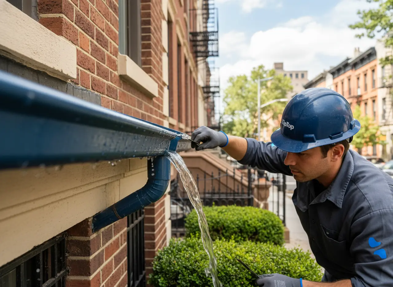 Close-up of a clean, well-maintained gutter system on a Brooklyn brownstone, showing proper...