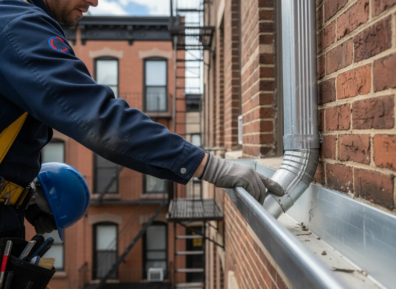 A close-up view of a professional carefully inspecting a section of an aluminum gutter on a...