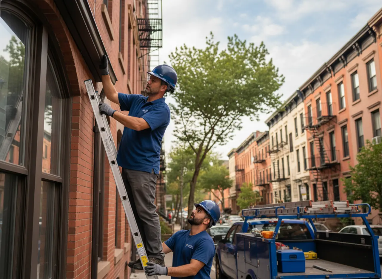 Team member inspecting new gutters on an East Williamsburg brownstone. TipTop Roofing ensures quality installation.