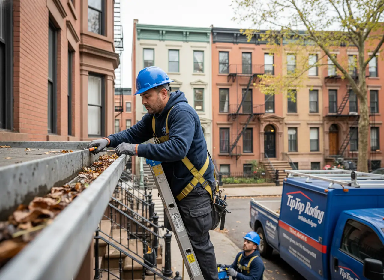 A TipTop Roofing Williamsburg crew member inspecting gutters on a traditional Greenpoint brownstone.