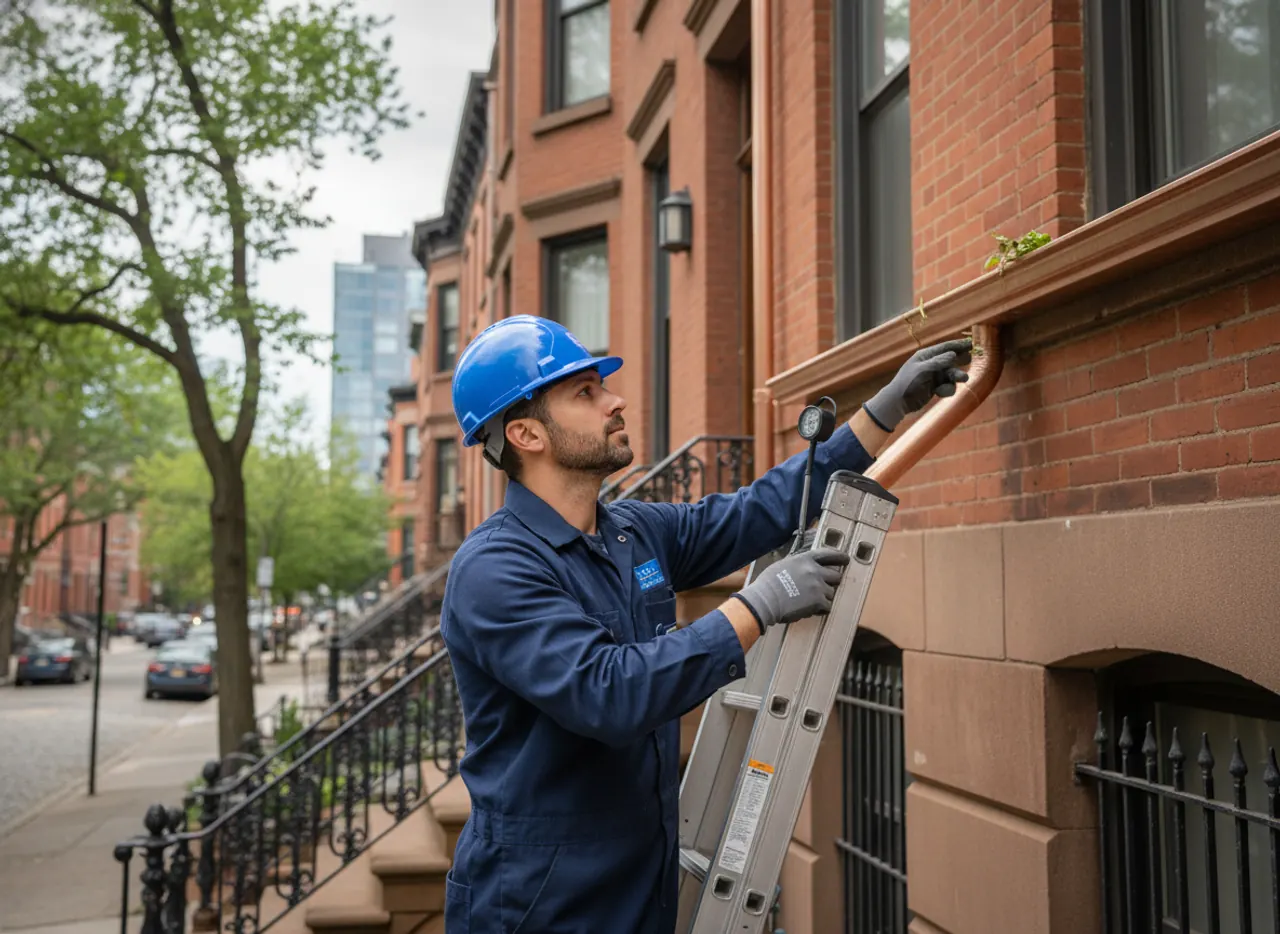 A professional technician inspecting a gutter system on a Williamsburg brownstone, highlighting attention to...