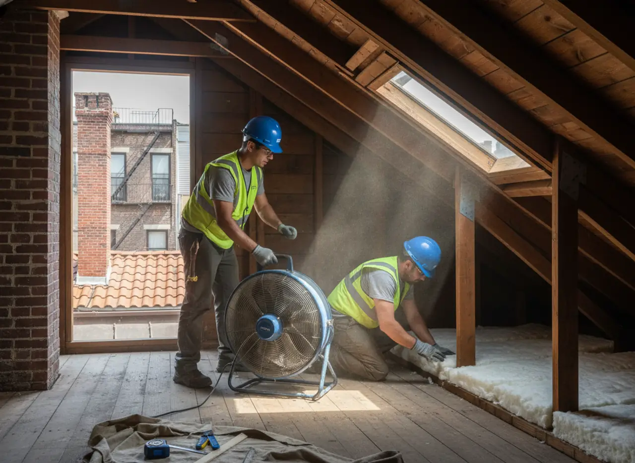 Inside a well-ventilated attic with proper loft airflow, showing insulation and roof structure.
