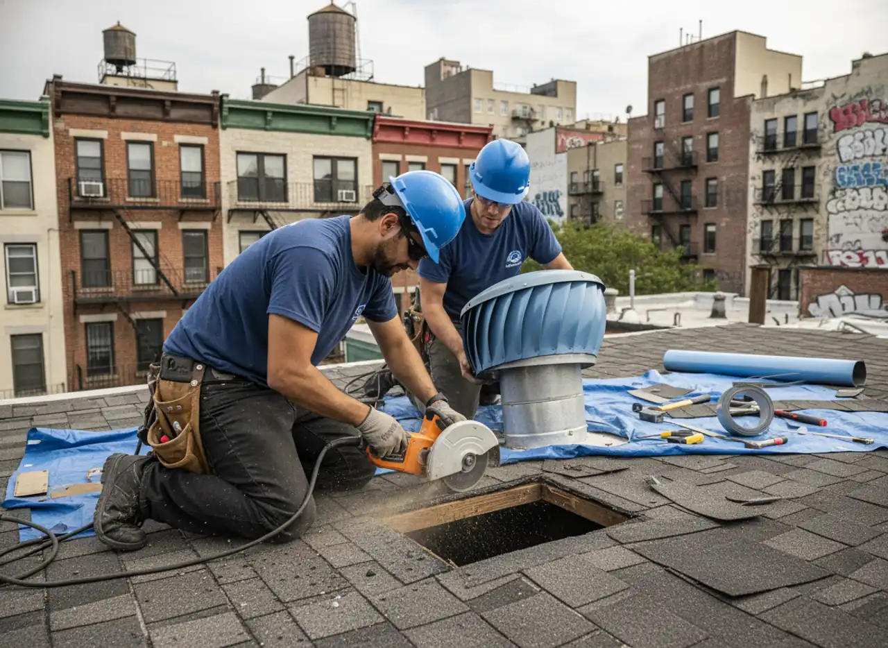 Expert working on installing roof vents for proper loft ventilation on a residential building in Brooklyn