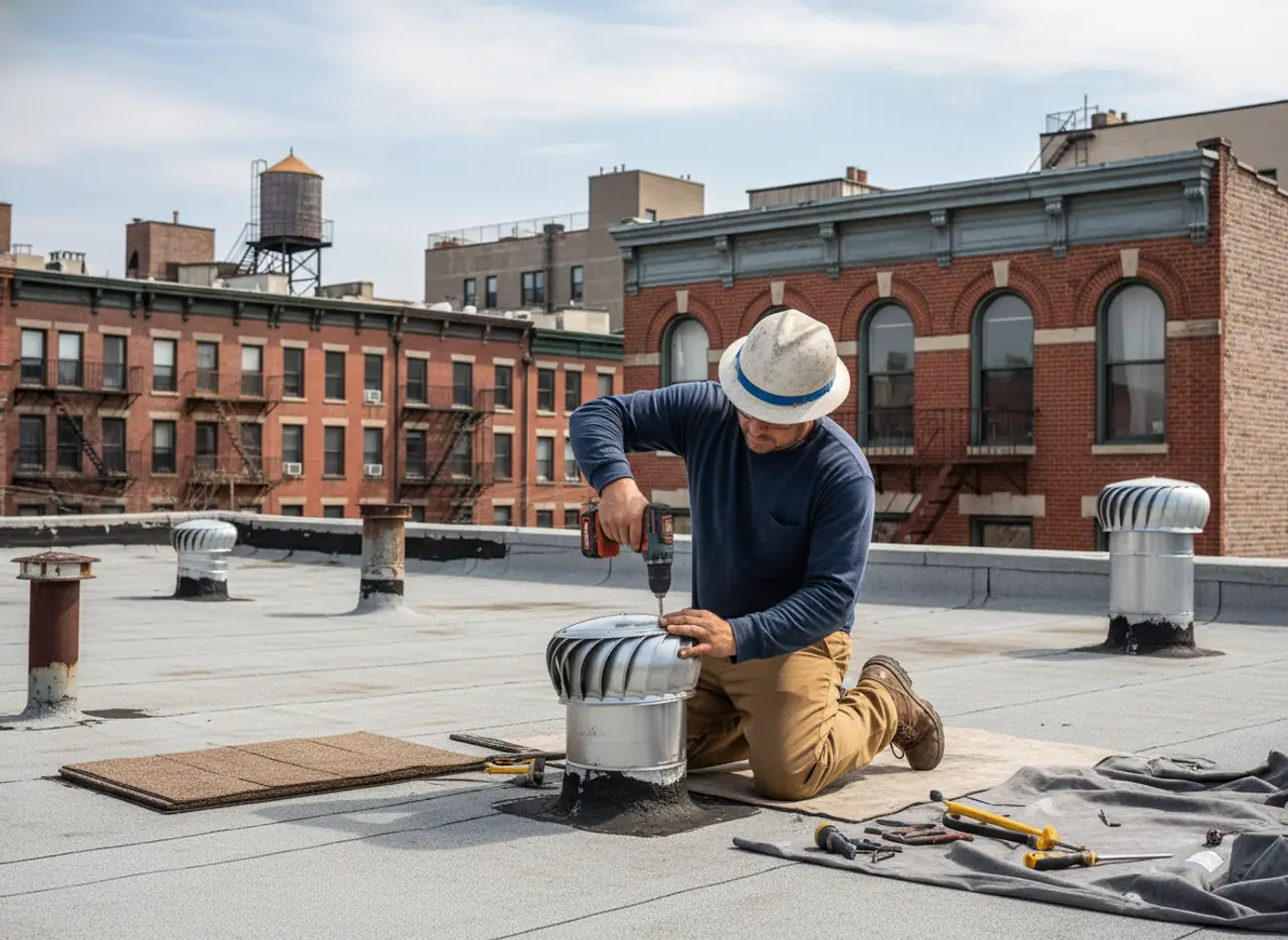 Professional roofer installing a ventilation cap on a residential roof in Brooklyn, ensuring proper airflow.