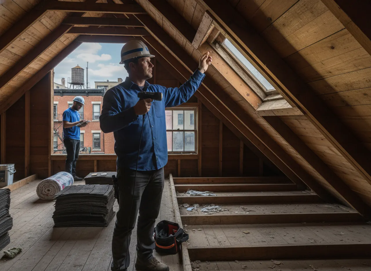 Roofing professional inspecting attic space for loft ventilation needs in Williamsburg home