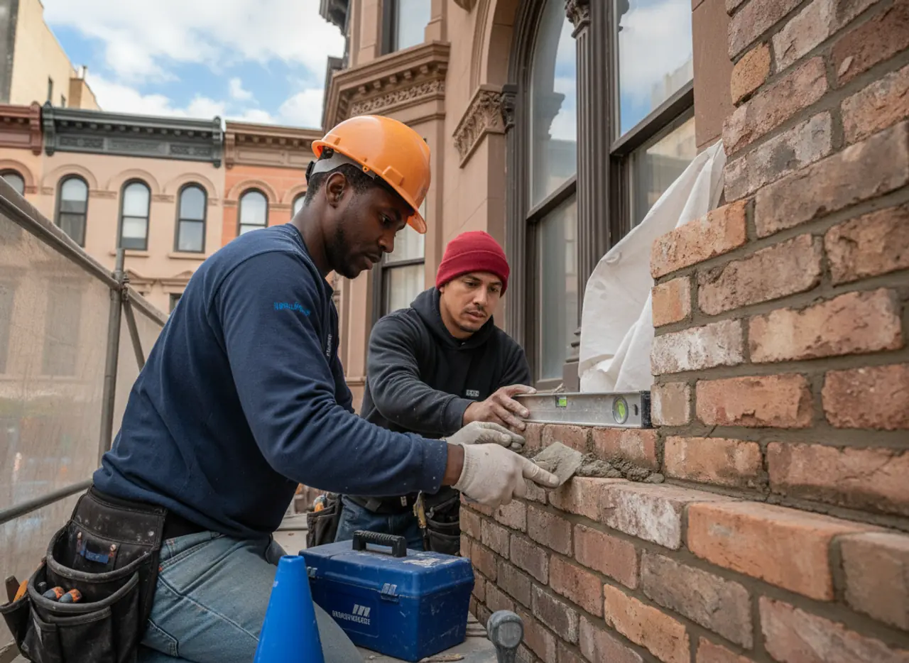 Close-up of newly repaired brickwork on a home in Brooklyn