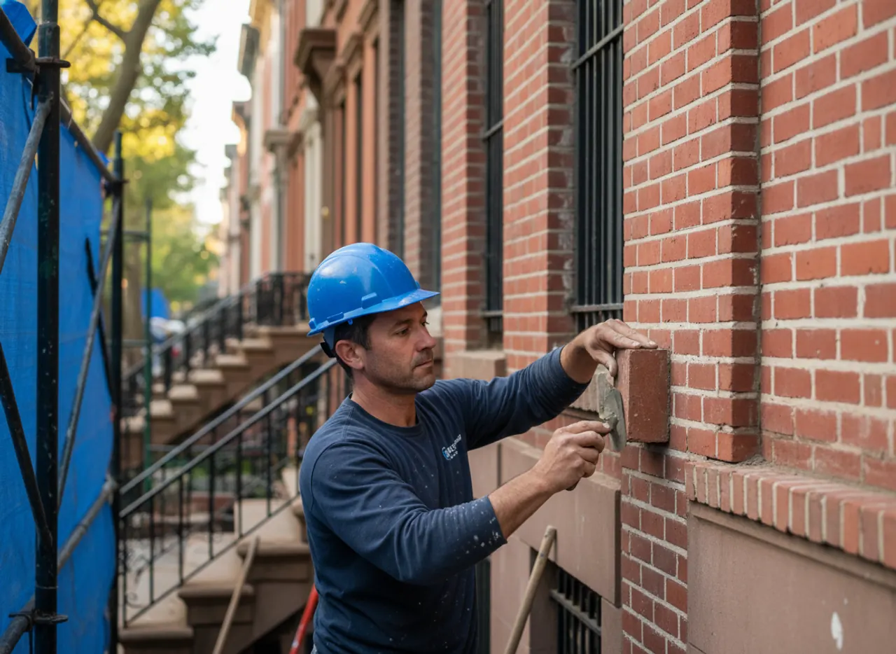 Close-up of newly installed, perfectly laid brickwork on a Brooklyn residential property