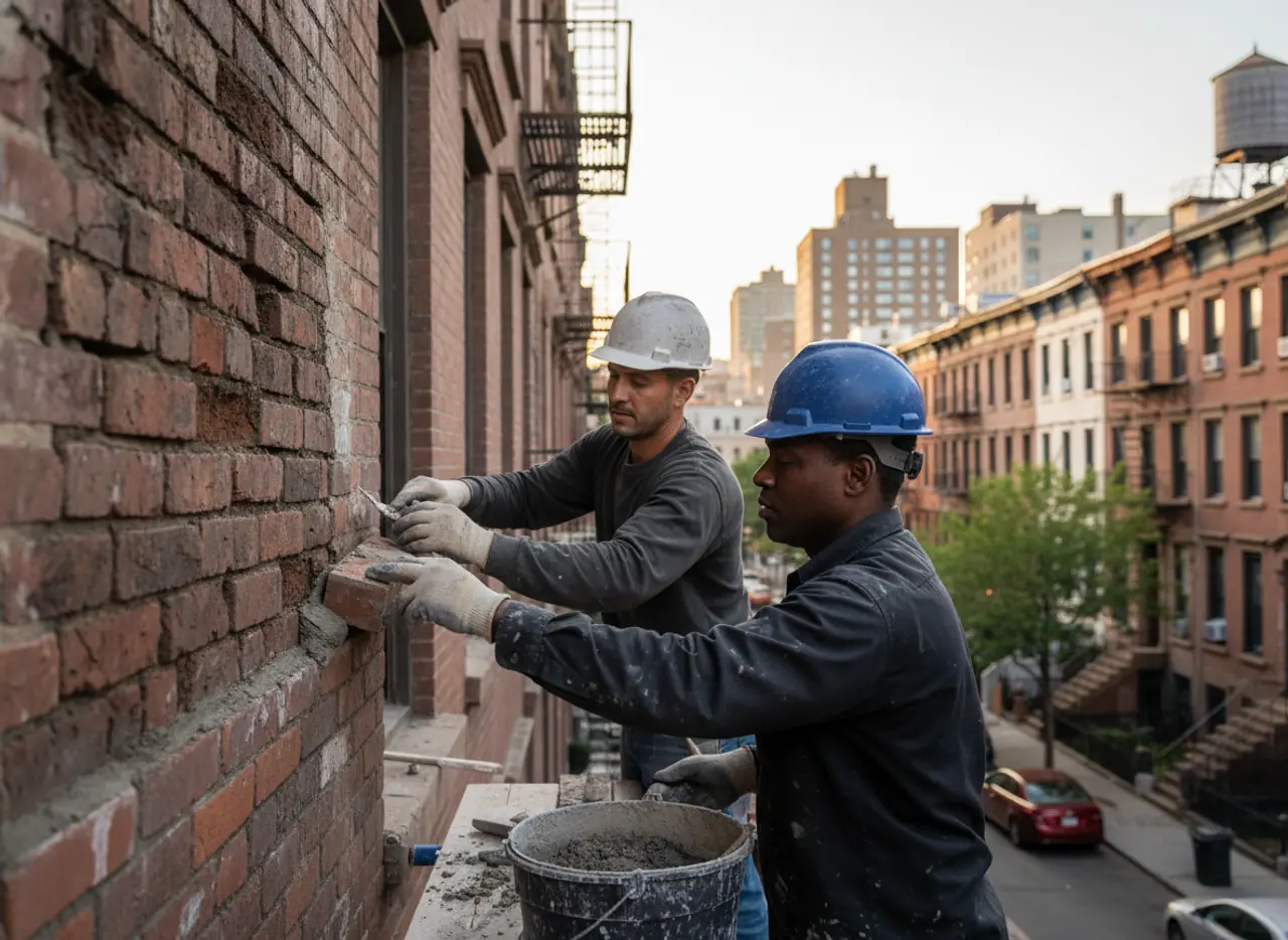 Restored brick wall on a Bushwick brownstone, showing TipTop Roofing Williamsburg's expert masonry repair.