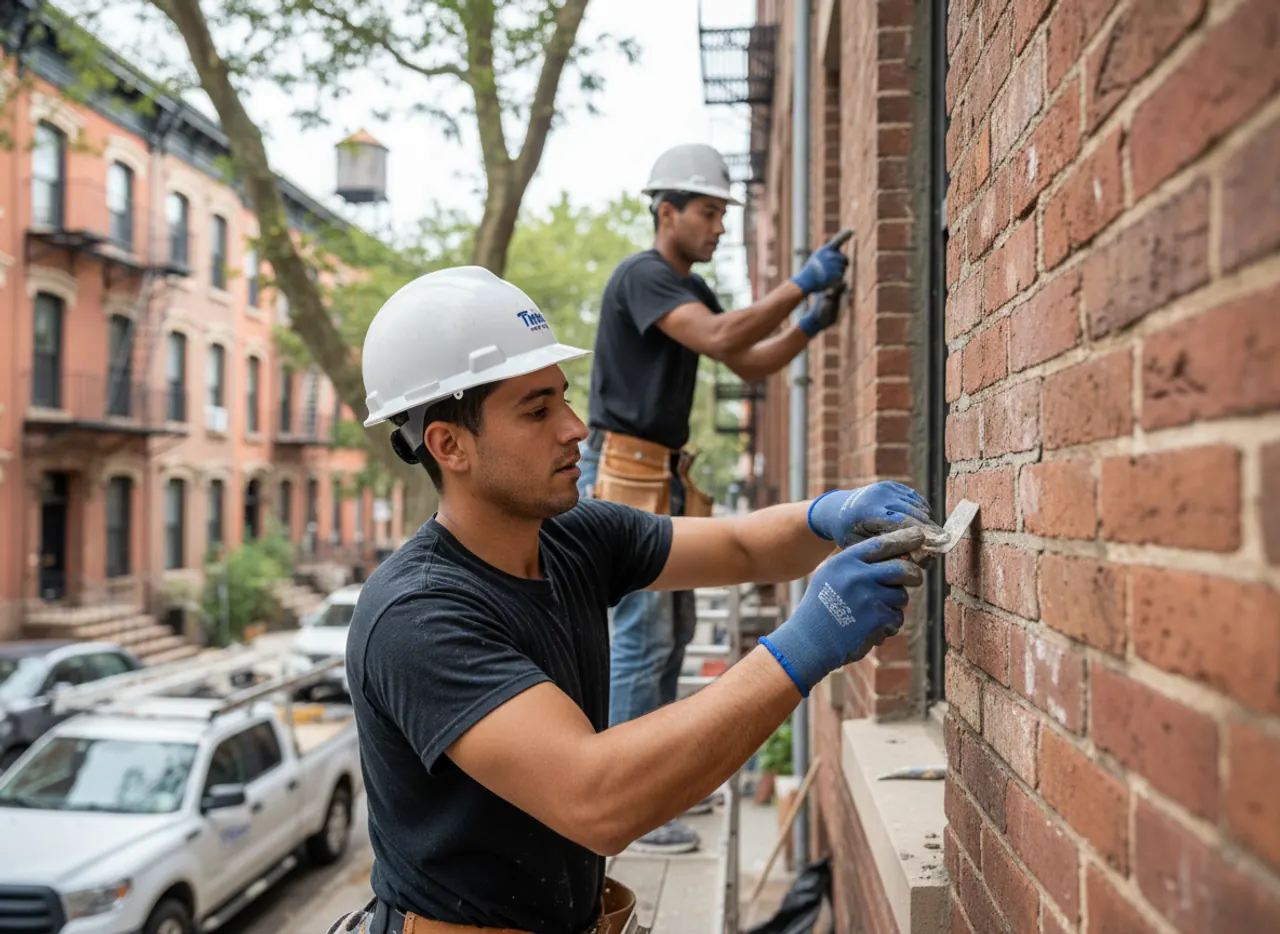 Skilled mason carefully repointing brickwork on an East Williamsburg brownstone.