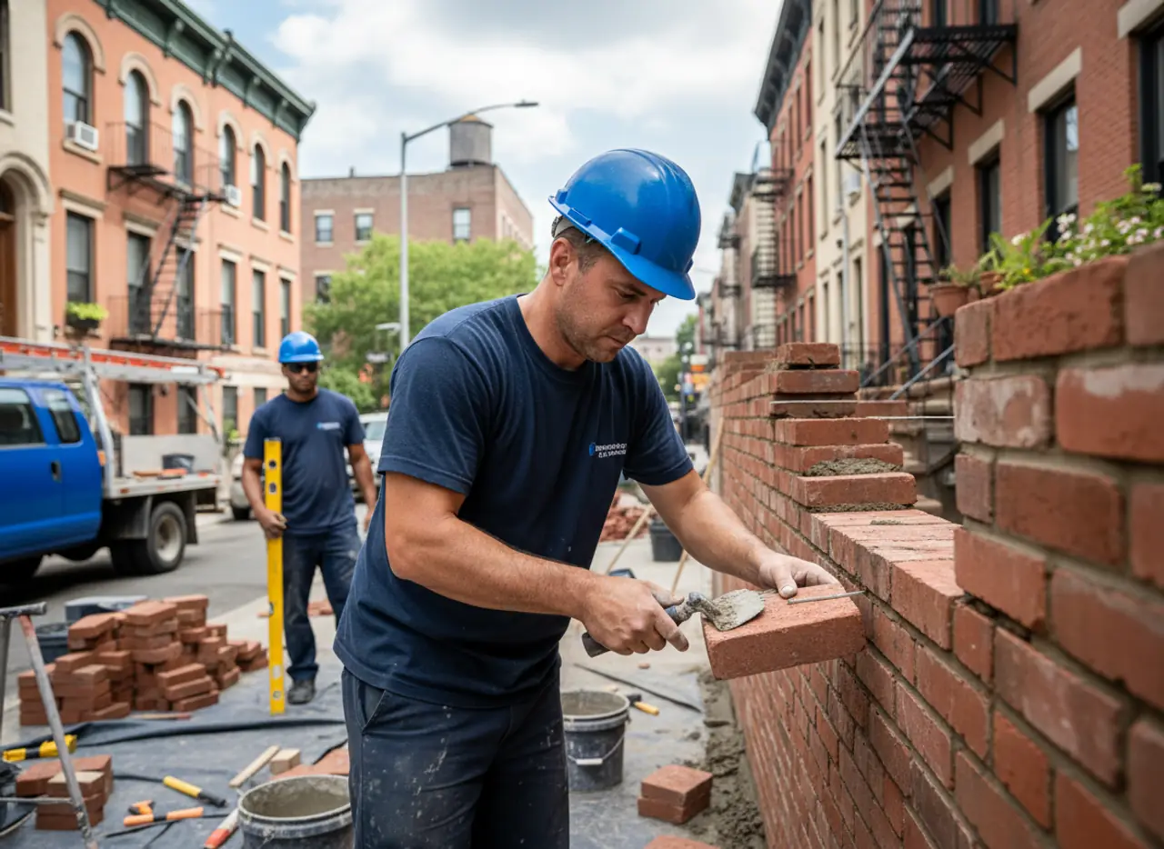 Skilled mason carefully laying bricks on a residential property in Greenpoint, ensuring precise...