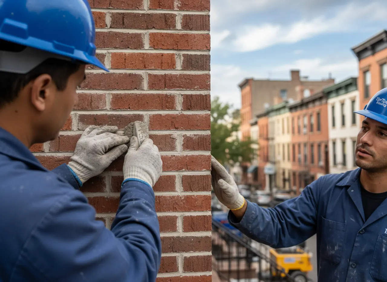 Close-up of a newly repointed brick wall on a Williamsburg home, showcasing detailed masonry craftsmanship.