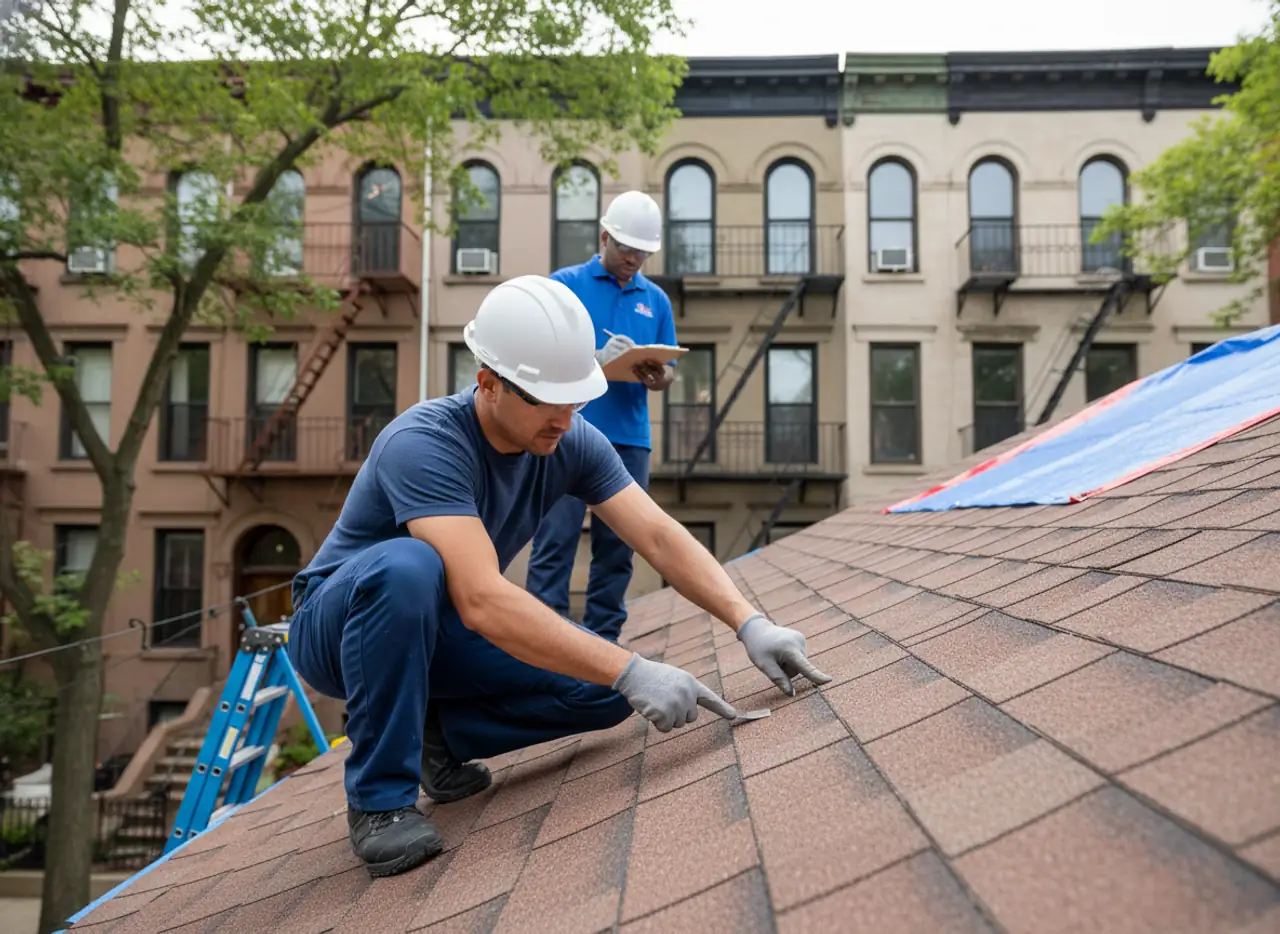 A close-up view of a shingle roof undergoing inspection in Bedford-Stuyvesant, showing attention to detail.