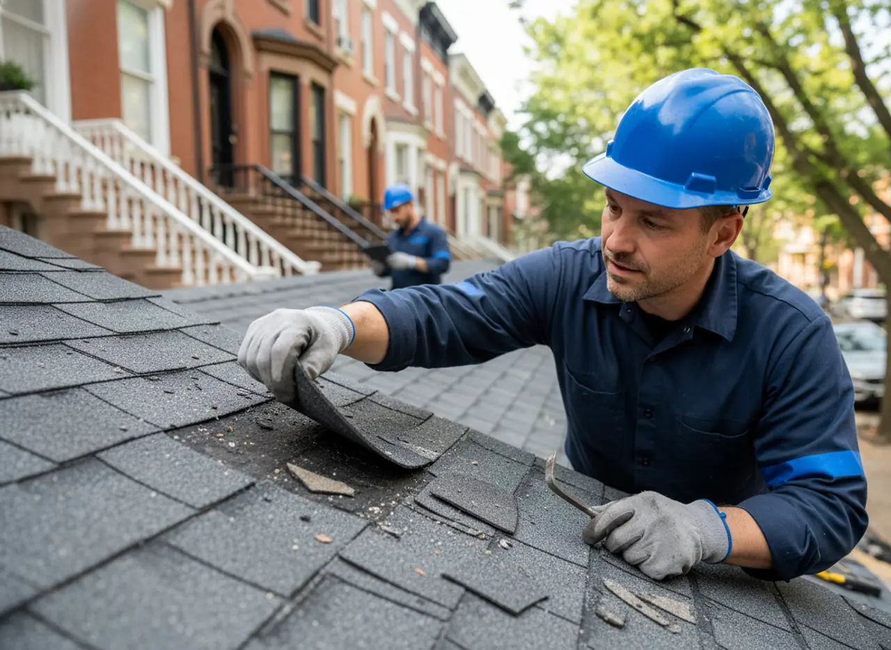 Close-up of a roofer thoroughly examining damaged shingles on a Brooklyn home's roof.