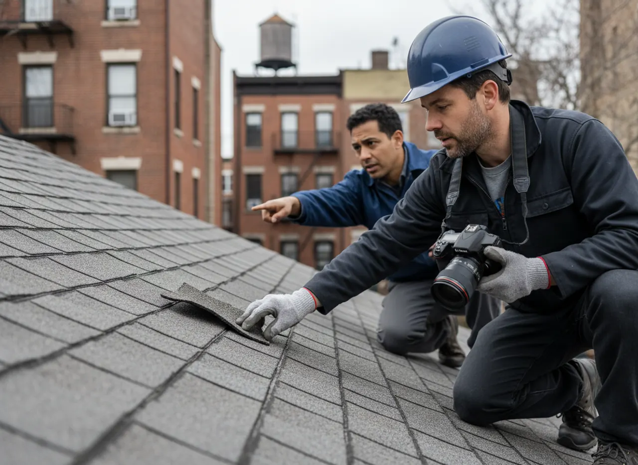 Close-up of a roofing professional inspecting shingle damage on a Bushwick home