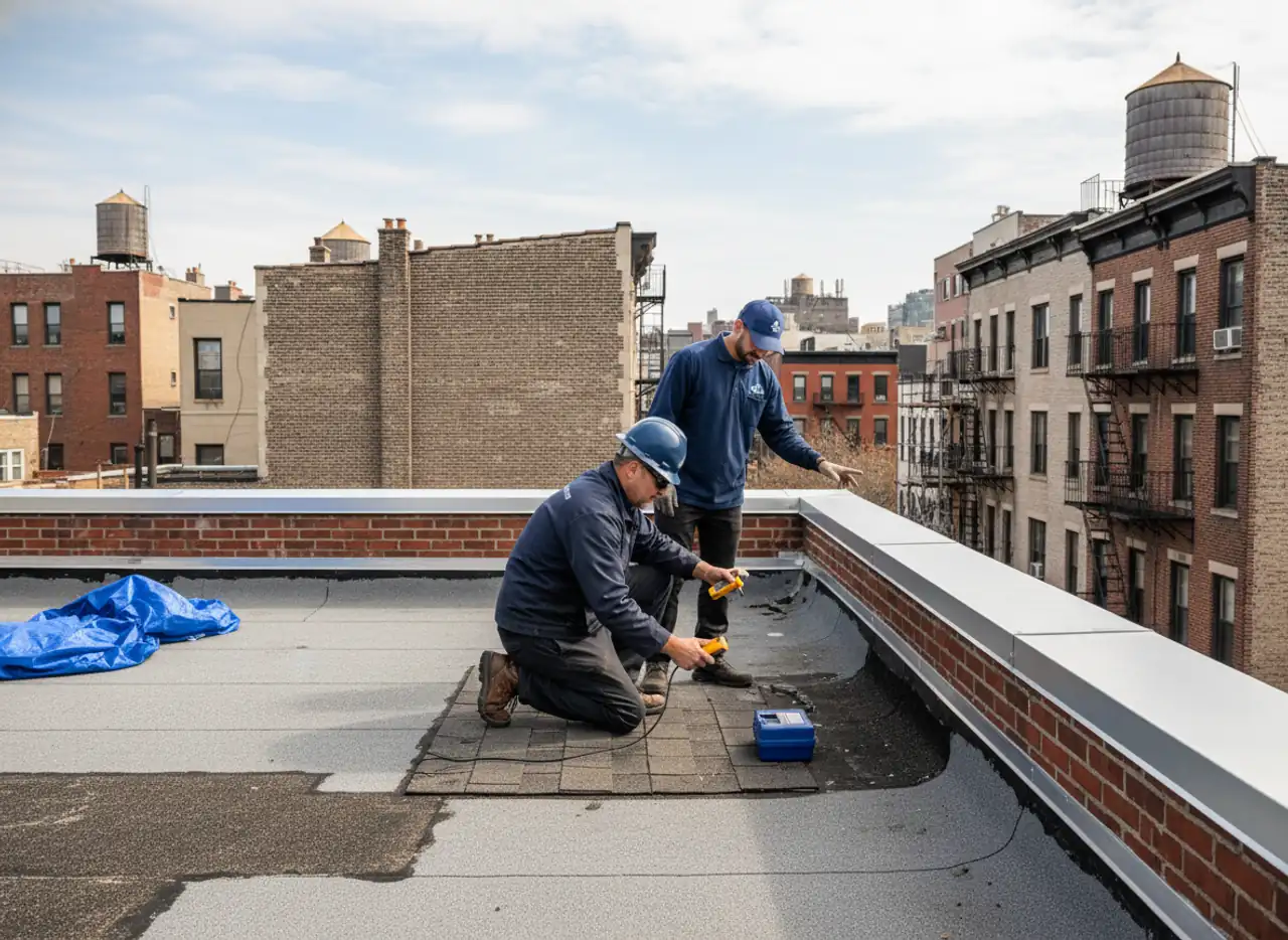 Rooftop view of a classic East Williamsburg building with new and old roofing sections.