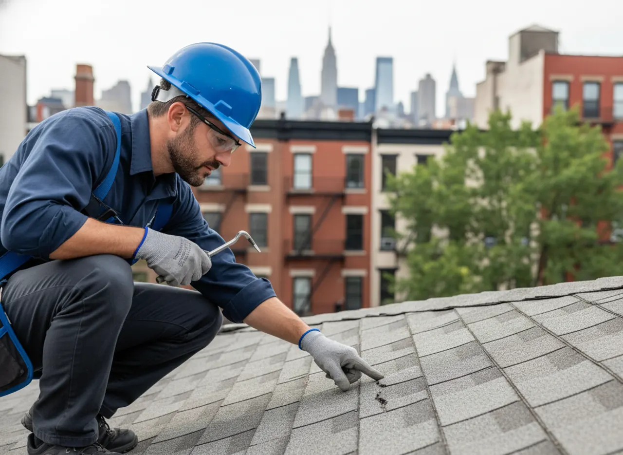 Close-up: a roofing expert examining shingles for wear and damage during a roof inspection in...