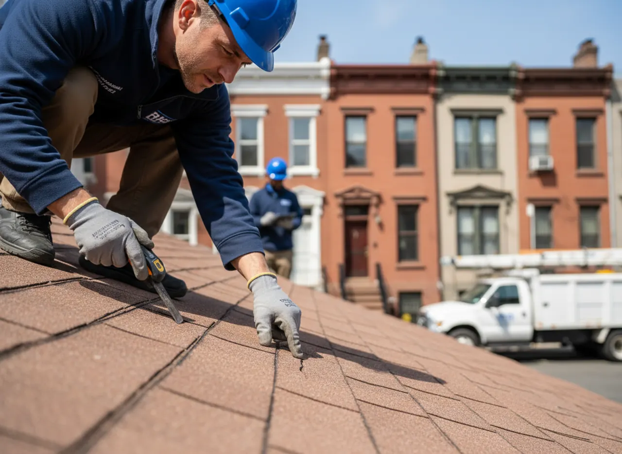 Close-up of a roofer examining shingles on a historic Williamsburg building, ensuring detailed...