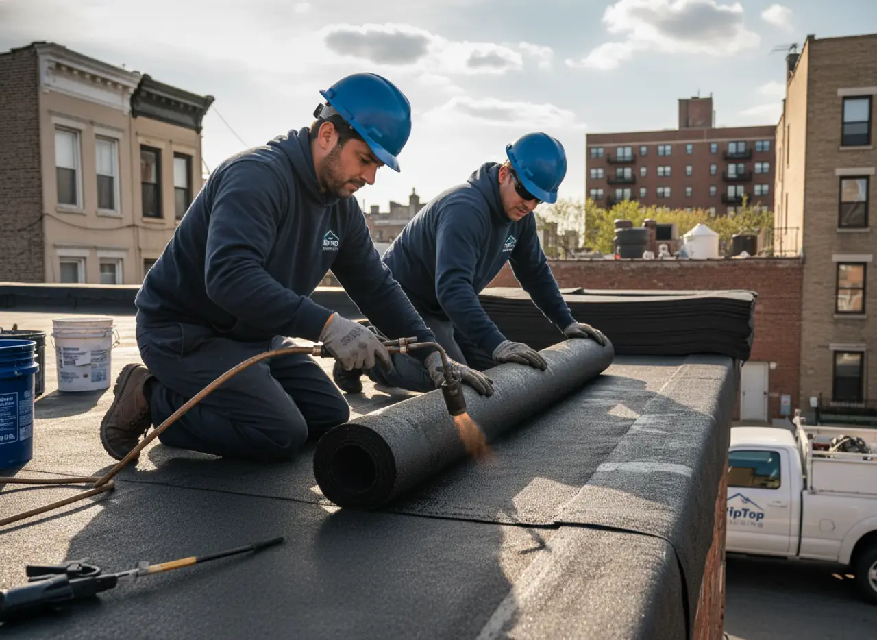 TipTop Roofing crew thoroughly installing new flat roofing on a commercial building in...