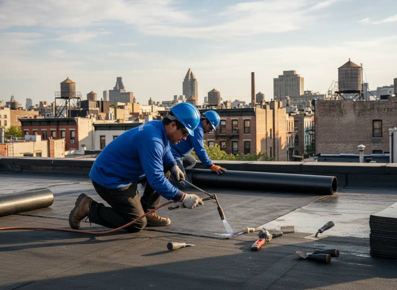 TipTop Roofing team members installing a flat roof on a commercial building in a Brooklyn...