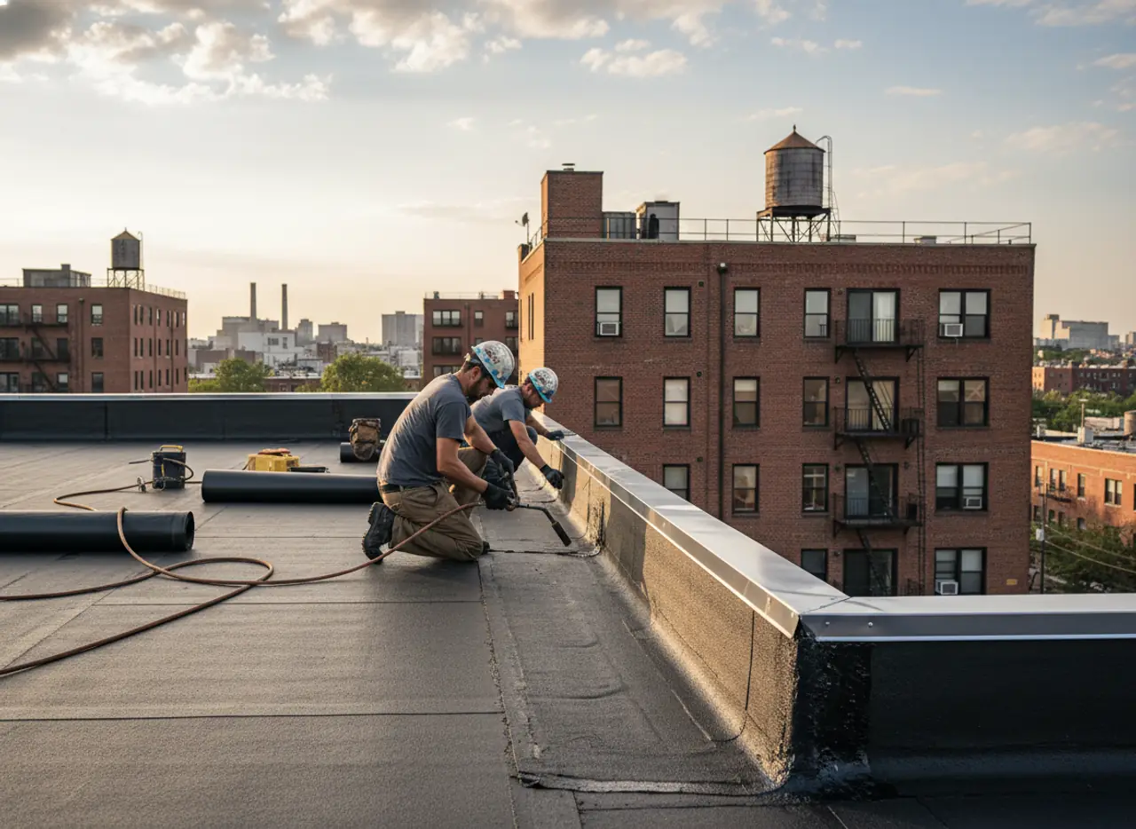 Modern flat roof installation in Bushwick, Brooklyn, showing detailed edge work and sturdy materials