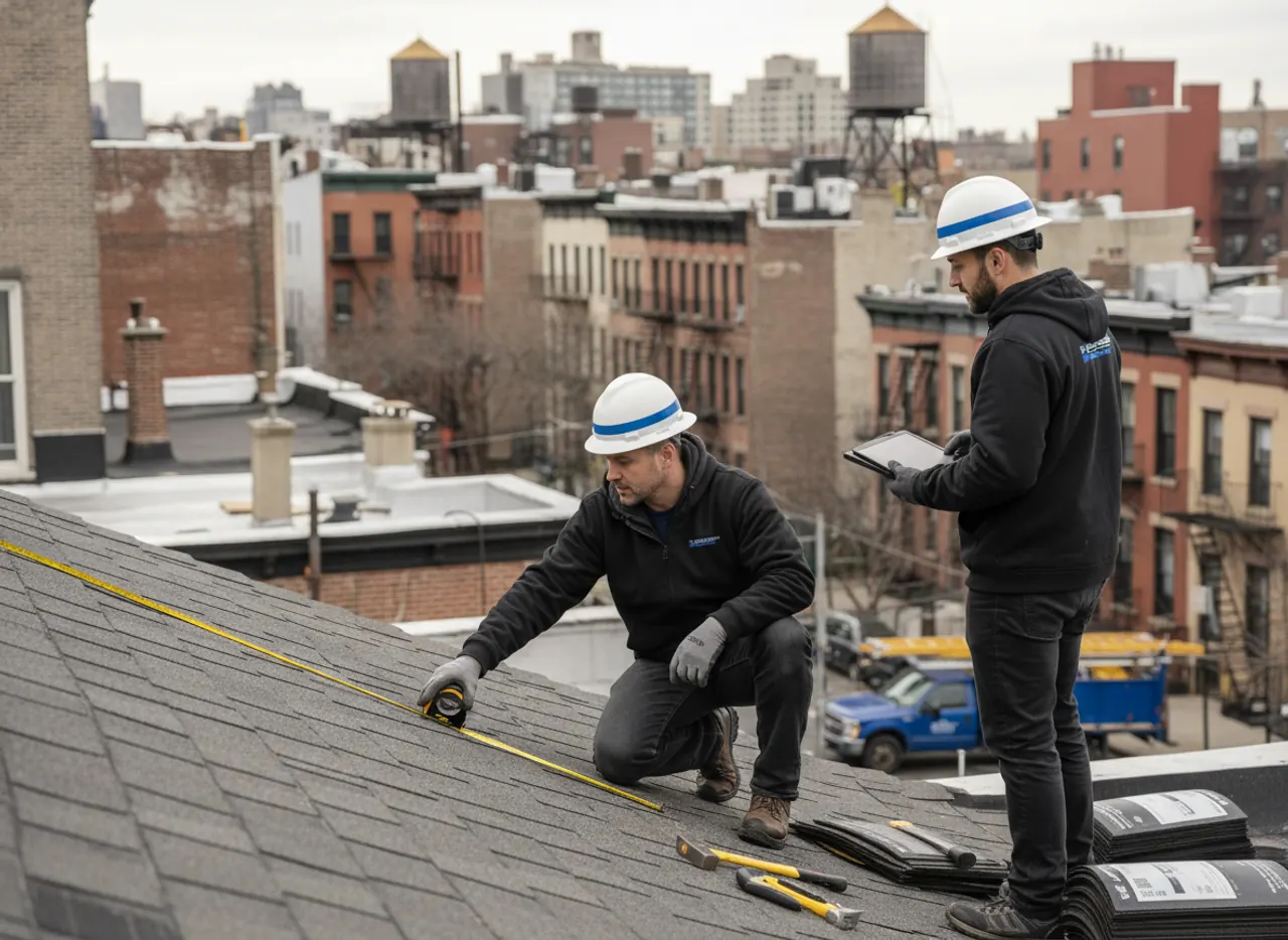 Roofing contractors inspecting a residential roof in East Williamsburg, preparing for installation.