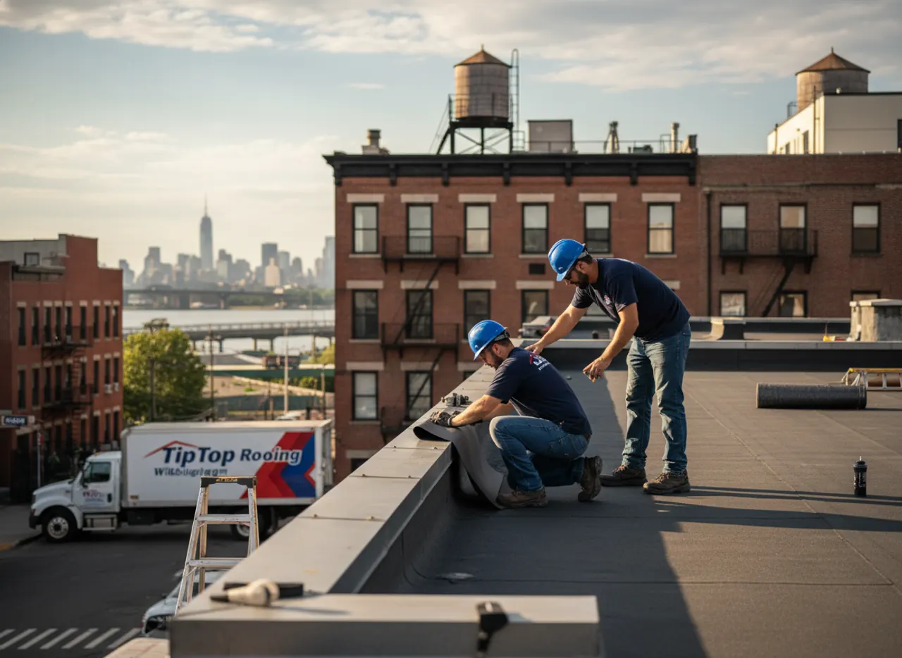 Roofing professionals inspecting a flat roof installation project on a commercial building in...