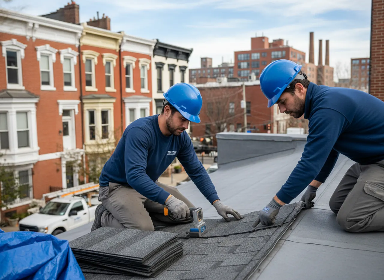 Roofing crew performing professional roof installation on a multi-story building in Williamsburg.