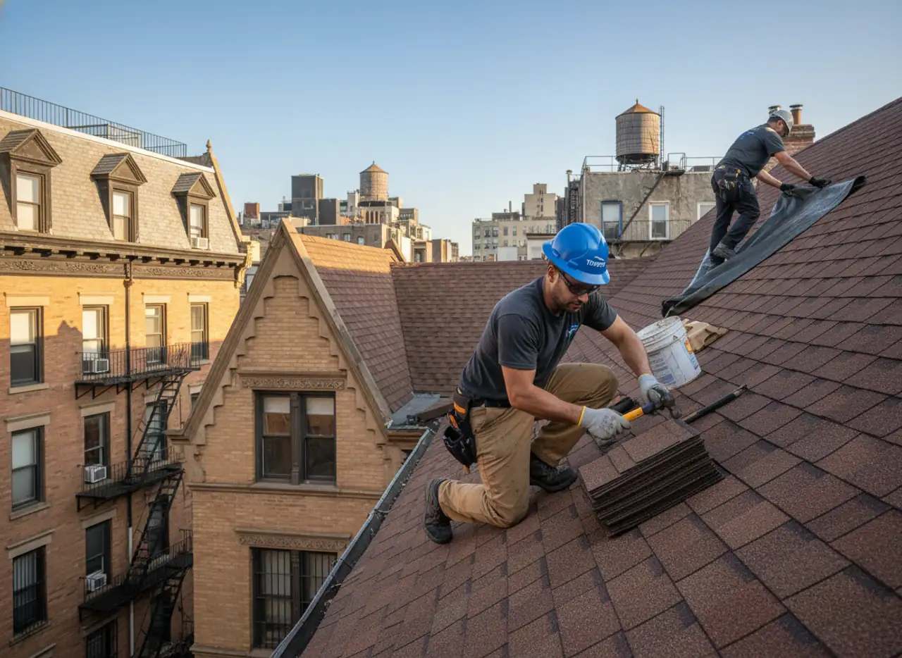 A skilled roofer carefully repairing a section of a shingle roof on a home in Bedford-Stuyvesant.