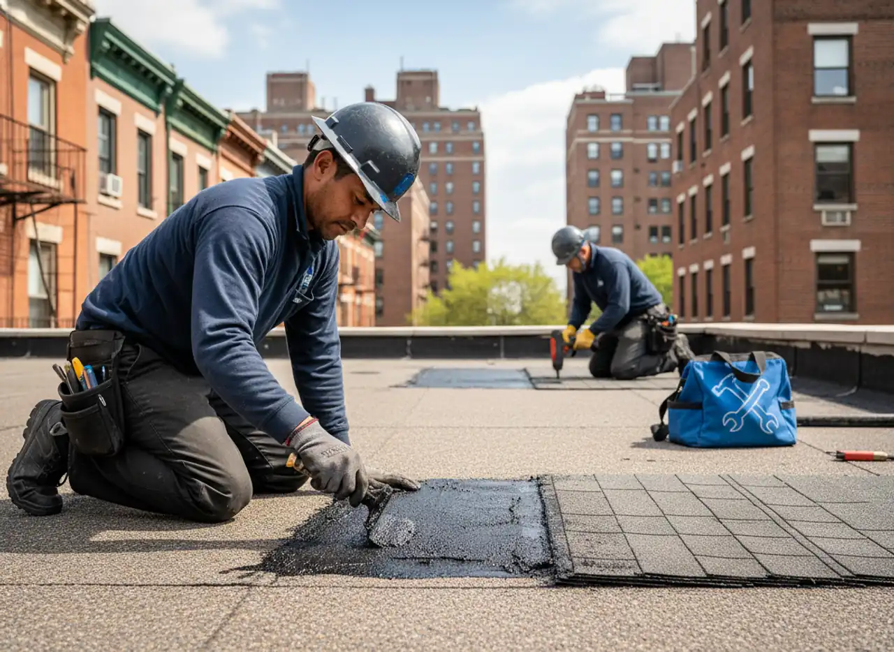 Close-up of a skilled roofer repairing a section of a flat roof in Brooklyn.