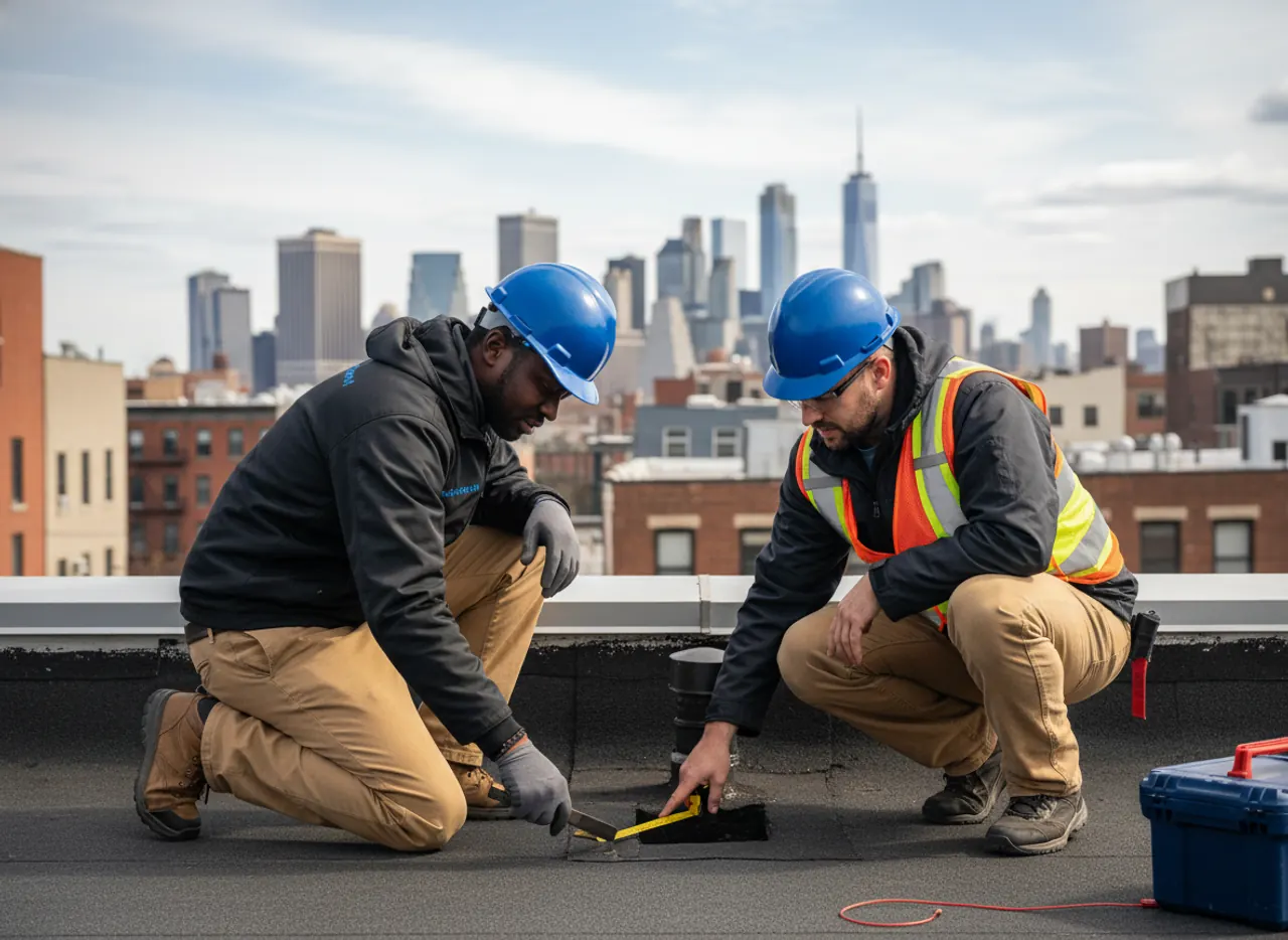 Workers inspecting a commercial flat roof in Bushwick with Manhattan skyline in background