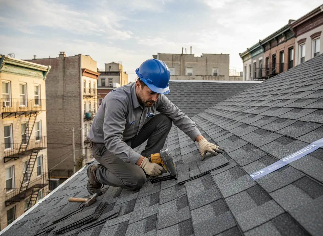 A skilled roofer performs a precise shingle replacement on a residential roof in East Williamsburg.