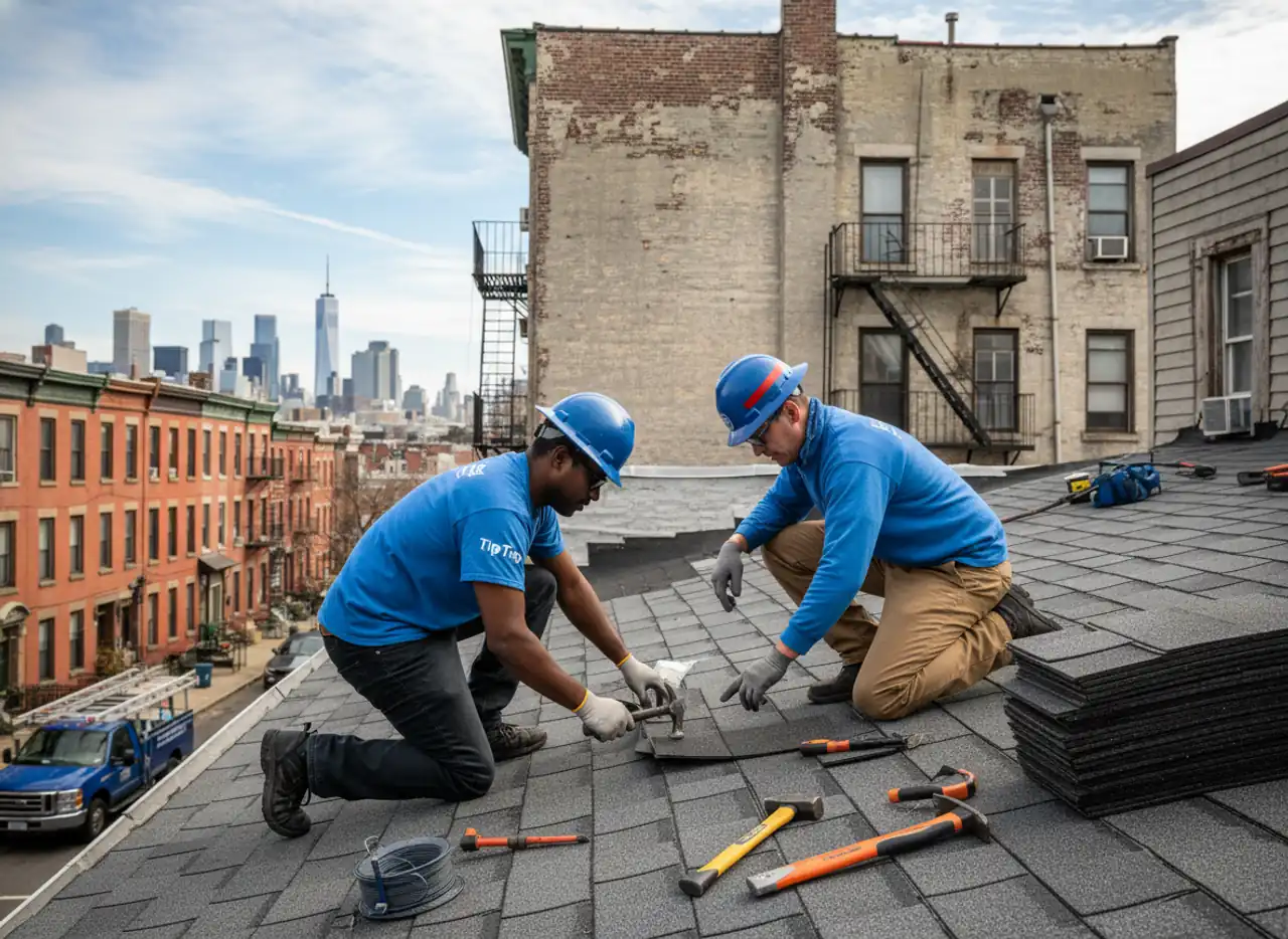 Experienced roofing crew working on a shingle roof repair in Greenpoint neighborhood
